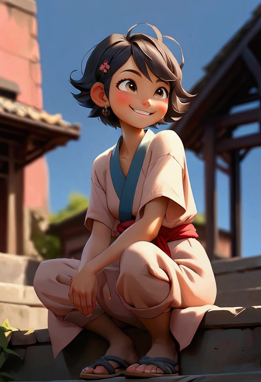sayudef, Whole body, smile, blush, outdoor, day time, simple background, blue sky, short hair, sky, temple, Looking at the audience, sitting on the stairs, village, moody lights,
