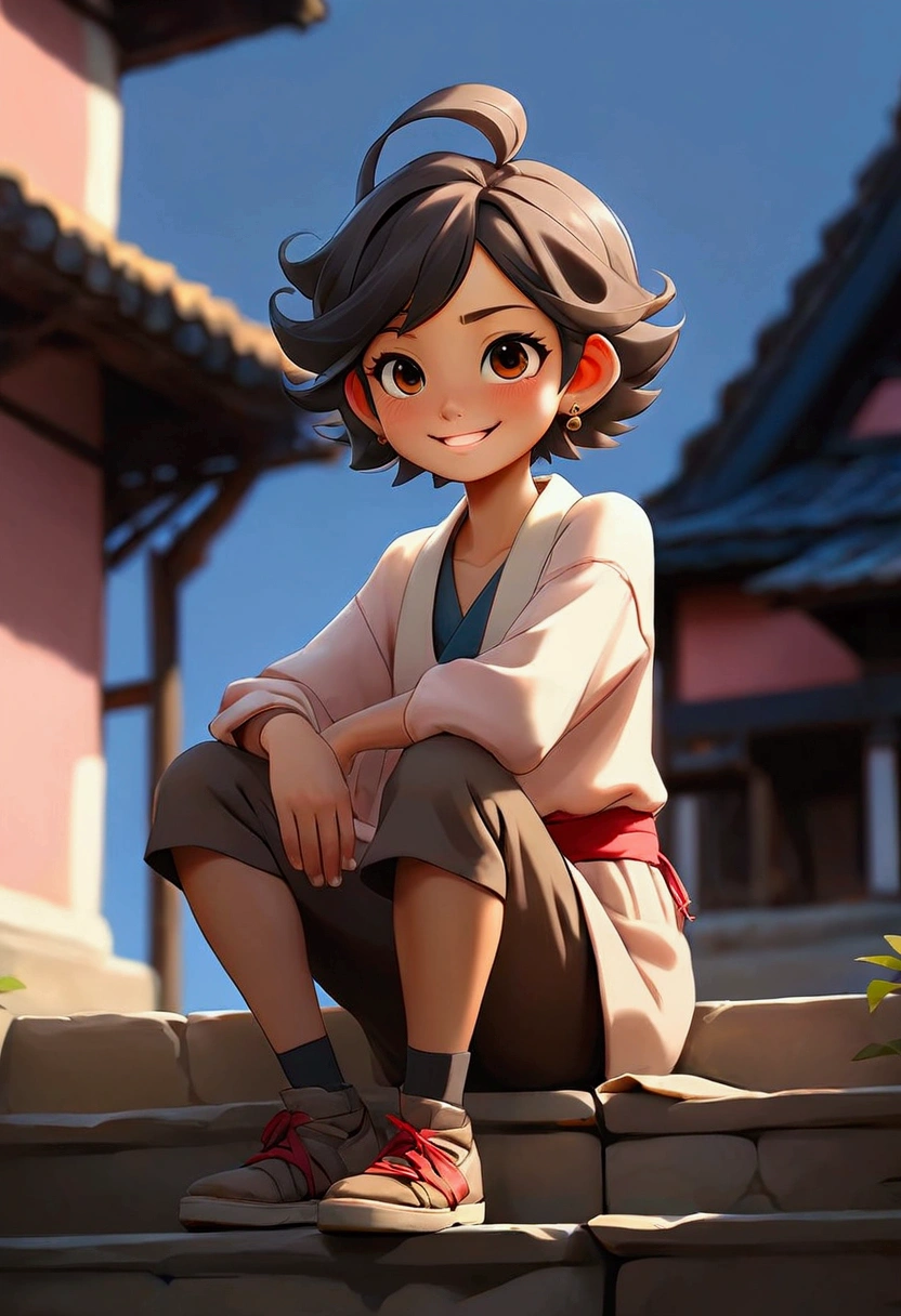 sayudef, Whole body, smile, blush, outdoor, day time, simple background, blue sky, short hair, sky, temple, Looking at the audience, sitting on the stairs, village, moody lights,