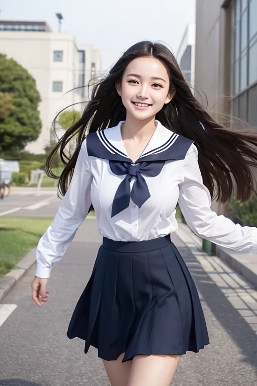 A young, eight-head-tall female character with large breasts, long hair, and a childlike yet mature look, wearing a realistic sailor uniform that is indistinguishable from the real thing.、Create a scene with a calm expression and a gentle sidelong glance.。The character has long black hair.、In the background, a girl is running down a school corridor with her skirt fluttering.。A 10-second video in which the female character is smiling modestly