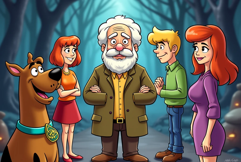 Fritz Perls, psychiatrist, a little chubby, bald with white hair only on the sides, white bearded, thick eyebrows, has some wrinkles. drawing version (in drawing style/animation "scooby doo"). He&#39;s with the Scooby Doo gang (1.scooby, The dog; 2.velma, a woman who has short, dark hair, use your eyes, orange blouse and red skirt; 3.sausage, skinny man, with red hair, wears a green shirt with brown pants and is a little hunchbacked; 4.fred, Tall man, with blond hair and slightly thin and muscular, wears a blue and white shirt and blue denim pants; and 5.daphne, beautfull woman, slender, redheadwear, who wears purple dresses with a green scarf; 6. Fritz Perls). fritz perls is in the middle and everyone is smiling