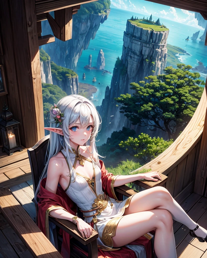 Please create a HD cover for my novel with a very cute little elf sitting on a recliner on the second floor of a small building on the edge of the island.,This is its introduction:Asteroid impact,Earth Destruction,Shi Yan accidentally traveled to the end of the world,You start with an island and a sexy beauty?!Summoning Arms,Development territory,Conquer the world,There are all kinds of beauties around!Let's see how the scumbags fight back,Building an Empire in the End Times,Sitting on the land and the beauty