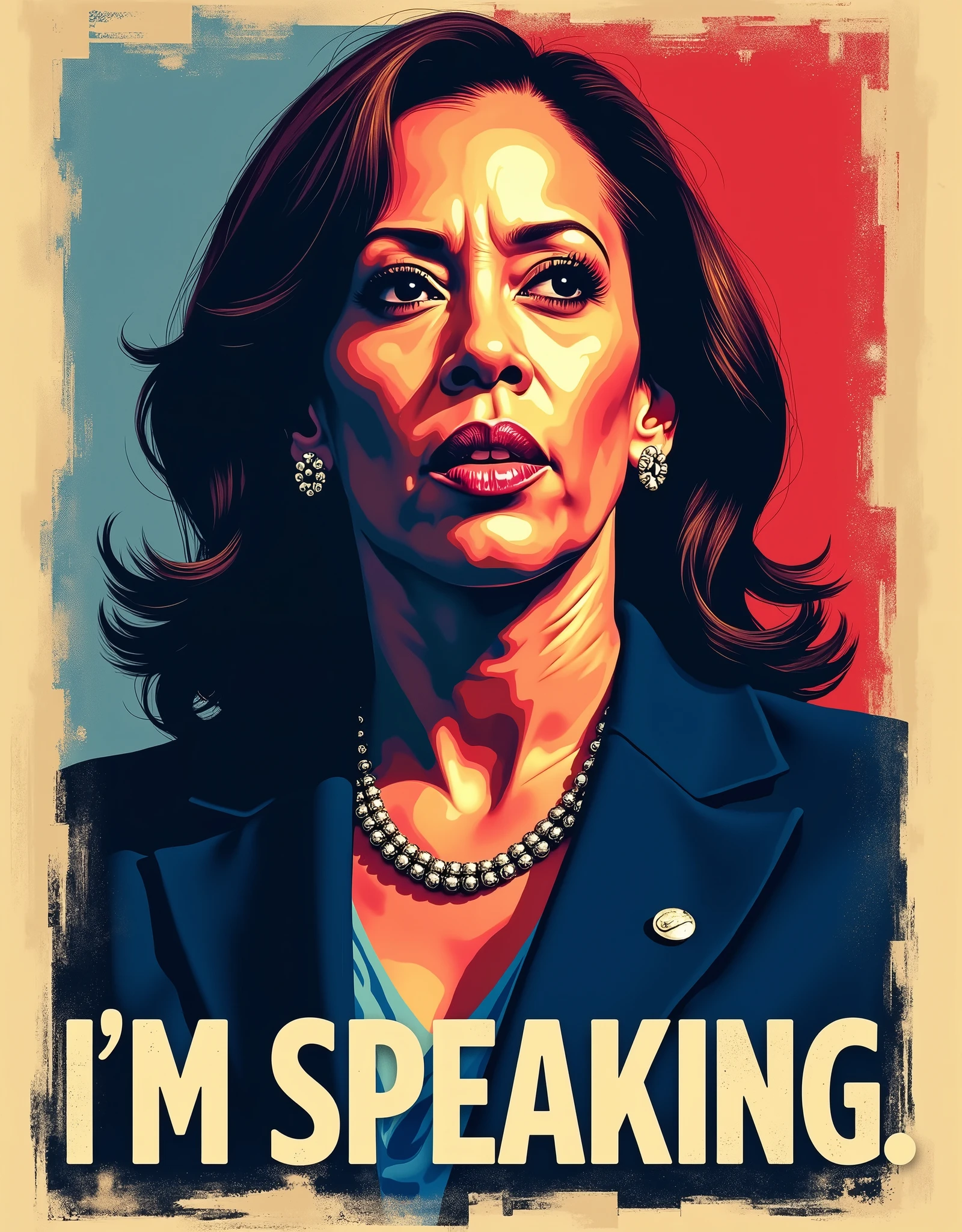 I'm Speaking Vote For 2024 President Kamala Harris, Poster A striking pop-art portrait of a determined figure facing forward, with a powerful expression. The text below reads, "I'm Speaking" using a limited palette of vibrant red, blue, and beige, and incorporating a weathered texture for an impactful visual.