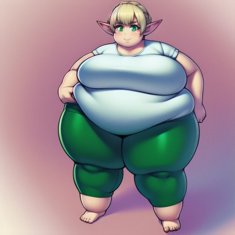 4K, high quality, 1 solo girl, detailed big eyes, obese erufuda, short hair, pointy ears, blonde hair, (green eyes:1.5), perfect body, white shirt, green pants, barefoot, braid, big , , cute, thick thighs, smile, squeezing the belly