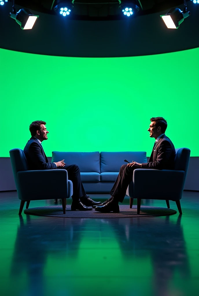 Navy and neon green sports podcast idea, with 2 chairs and a large sofa