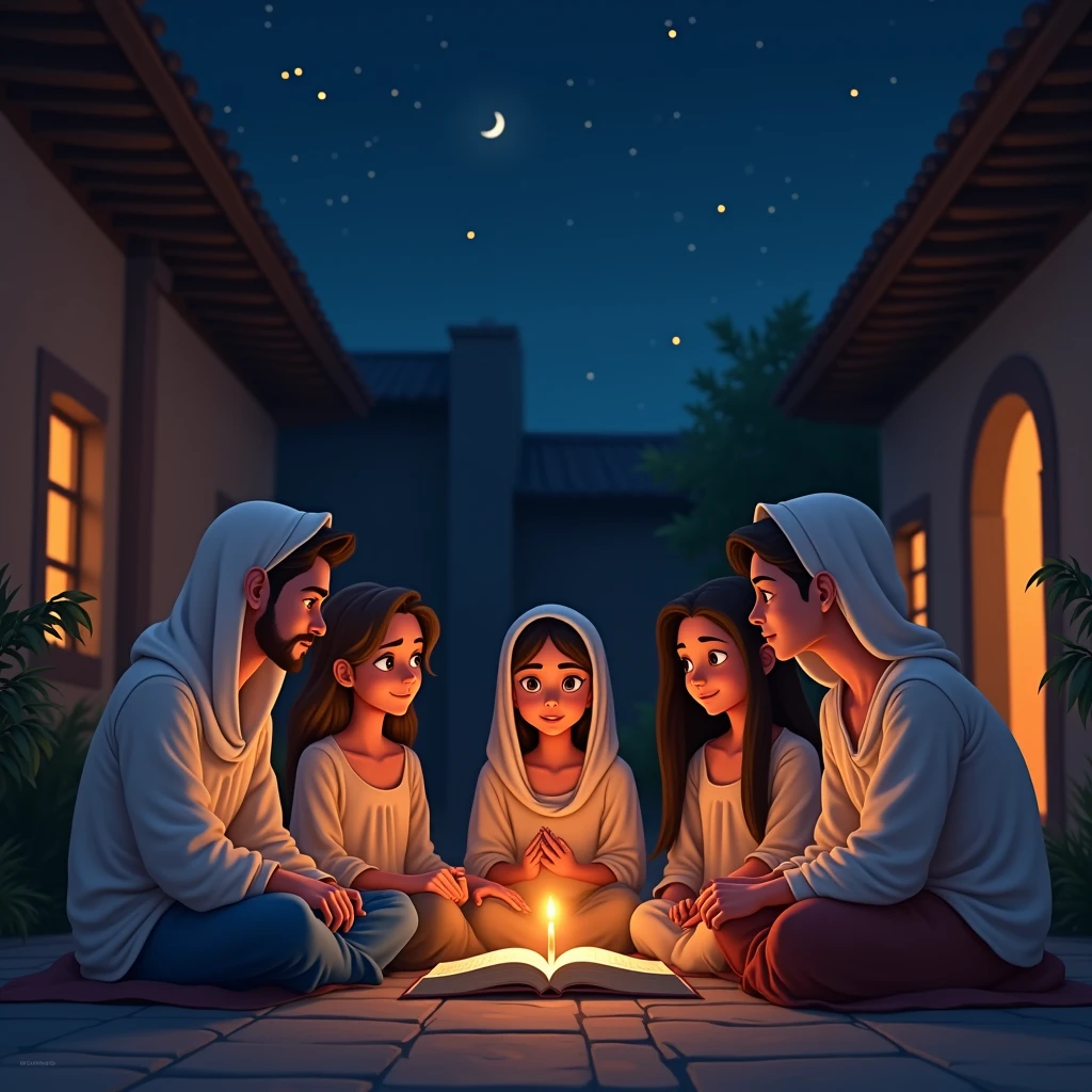 Young adults, reading the bible in the courtyard of a house, at night. The girls with veils on their heads. And the Spirit of God enlightens them. Pixar style.