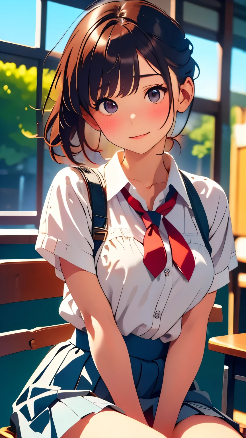 (Tabletop, Highest quality:1.2), 8k, 1, 85mm, Official Art, RAW Photos, Absurd, White dress shirt, Cute Face, close, Upper Body, Viola Lace, Gardenia, beautiful girl, , (Navy Pleated Skirt:1.1), Squeeze the waist, Thighs, Short sleeve, classroom, ponytail、short hair、short hair、sit on bench seat, Looking at the audience, No makeup, (smile:0.4), Film Grain, chromatic aberration, Sharp focus, Face Light, Bright lighting, Teen, Detailed face, Background Blur, (Dark red tie:1.1)、日本の学校のclassroom、classroom