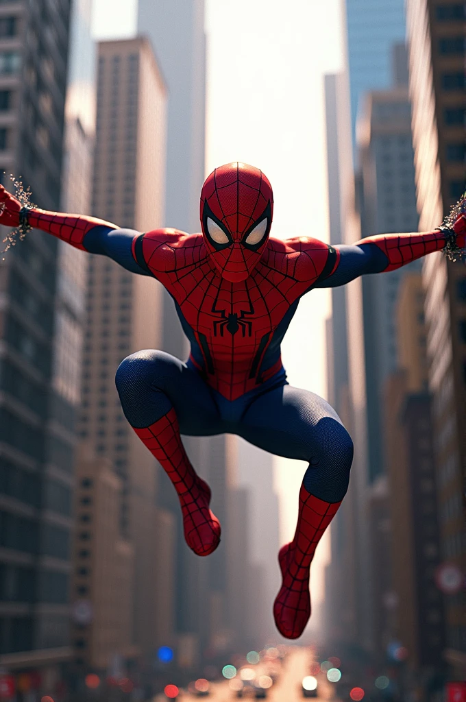 Wide shot and shot angle of Spider-Man swinging