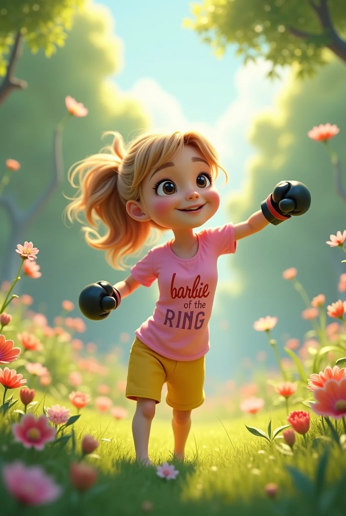 3D poster inspired by Pixar capturing a scene with a 30- year-old woman, LIGHT, SLIGHTLY WAVY HAIR TIED IN A PONYTAIL, HER SMALL, GENTLE EYES ARE DARK BROWN IN A ROUND SHAPE, Your nose is thin, HER SMALL AND SLIGHTLY FULL LIPS, YOUR CHIN IS POINTED AND YOUR FACE SHAPE IS OVAL, elongated, (IT IS NOT ROUND) E  wearing Camiseta ROSA written "BARBIE OF THE RING", with BLACK boxing gloves, YOUR PANTS ARE GYM PANTS, AND YOUR FEET ARE BARE, NO SHOES Svery happy, excited, fun, excited, one hand is raised upwards in a victory position and the other is raised downwards