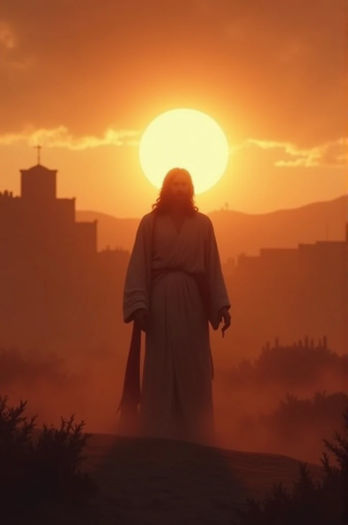 
"Create a background with a desert landscape at dawn, with warm colors like orange and red, suggesting a historical and solemn atmosphere. Ao fundo, place a silhouette of an ancient city, evoking Jerusalem. In the center of the cover, insert a blank Jesus Christ figure, but blurred or faded, giving a sense of doubt or mystery about its existence. At the top of the image, add the question &#39;Did Jesus Christ really exist?&#39; in a sleek, modern font, in large, clear letters, in white or gold color, contrasting with the background. Add a light halo around the text to make it stand out even more."

