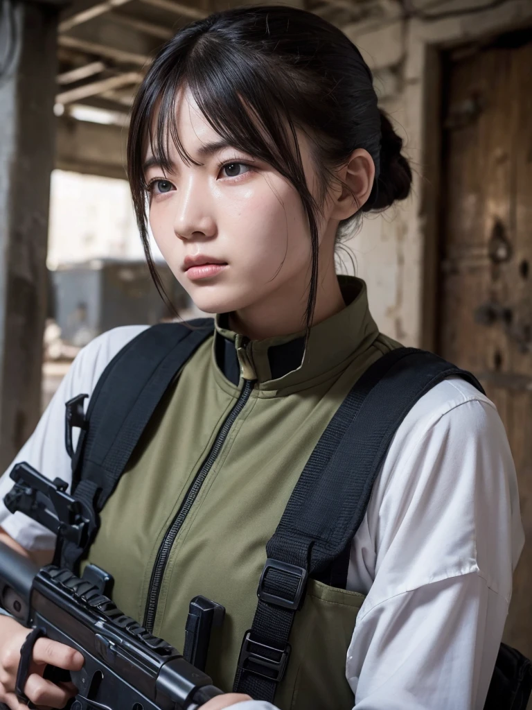 Female soldier with machine gun fighting in a war-torn city,Heavy breathing,There is a scratch on the cheek,