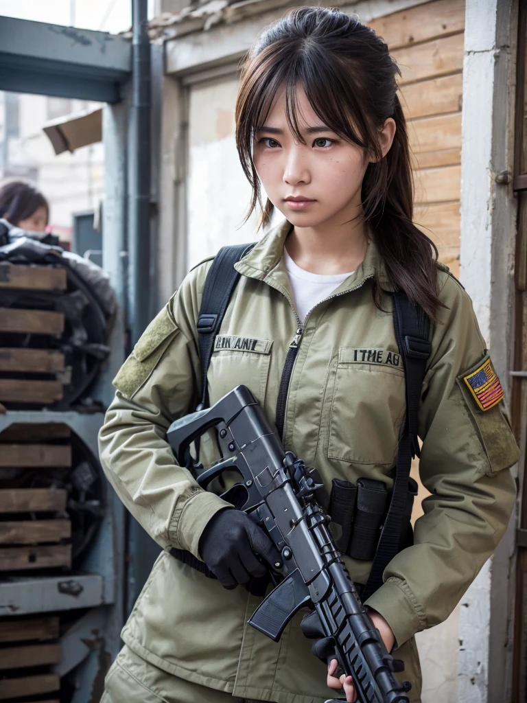 Female soldier with machine gun fighting in a war-torn city,Heavy breathing,There is a scratch on the cheek,