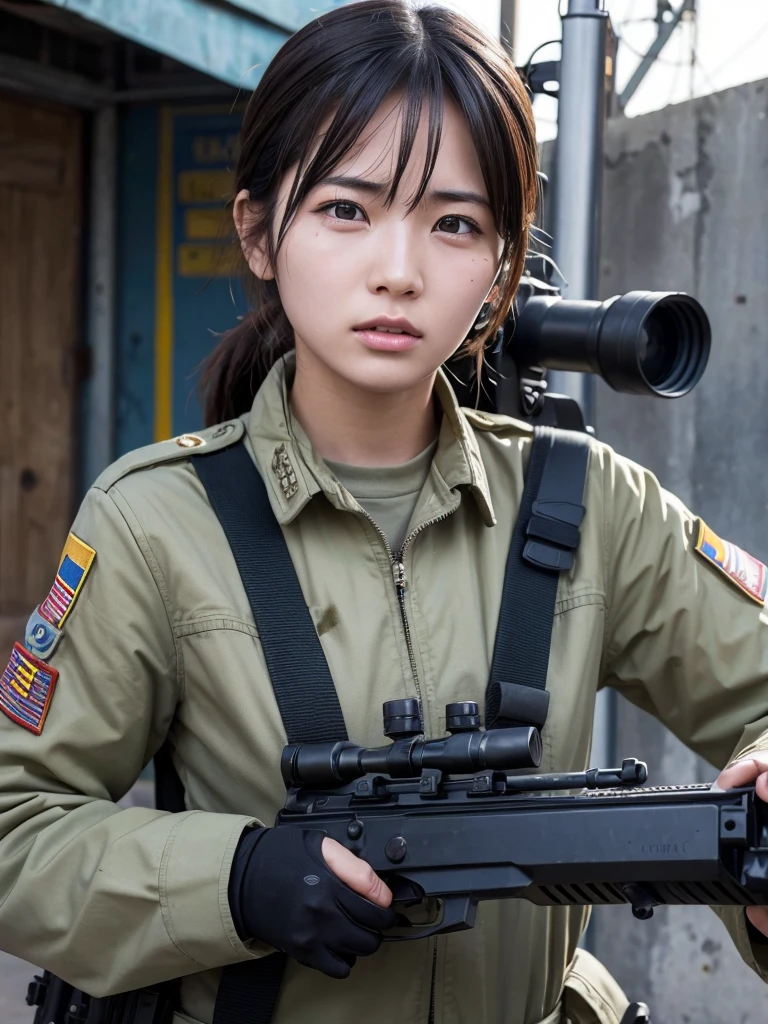Female soldier with machine gun fighting in a war-torn city,Heavy breathing,There is a scratch on the cheek,