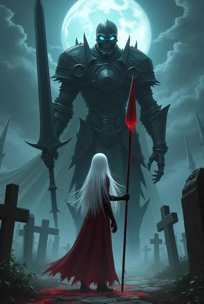 A young vampire girl with long white hair, pale skin, and crimson red eyes, standing in an eerie graveyard at night. She holds a menacing blood spear, dripping with fresh blood, its blade sharp and glistening. Her expression is fierce and confident. Behind her, a massive skeleton knight towers, its eye sockets glowing with an ominous blue light. The skeleton knight wears ancient, cracked armor adorned with dark runes, and wields a large, jagged sword. The graveyard is filled with old, crooked tombstones, overgrown vines, and a mist that swirls around the ground. A full moon hangs in the cloudy night sky, casting a ghostly glow over the scene, enhancing the dark and supernatural atmosphere.,
