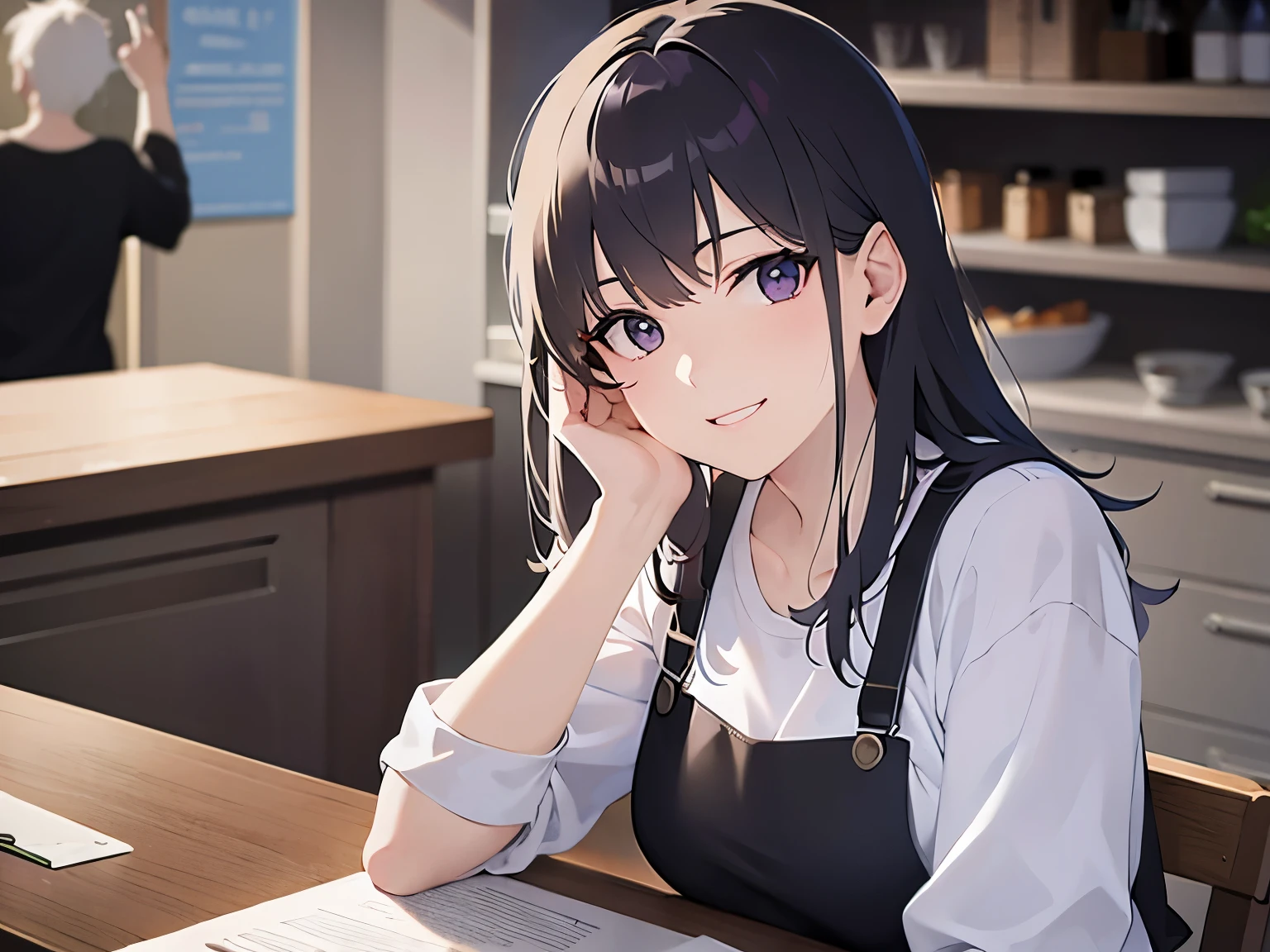 Realistic,real person,RAW photo,photorealistic,BREAK(White T-shirt)and(Black apron:1.5)BREAK,(pale skin: 1.2),shiny skin,shiny hair,-old woman with straight hair and bangs)and(medium hair)and(black hair)and(purple eyes),(smile),The background is the company break room.,alone,(hand on own cheek:1.2),(Biologically correct5Finger)