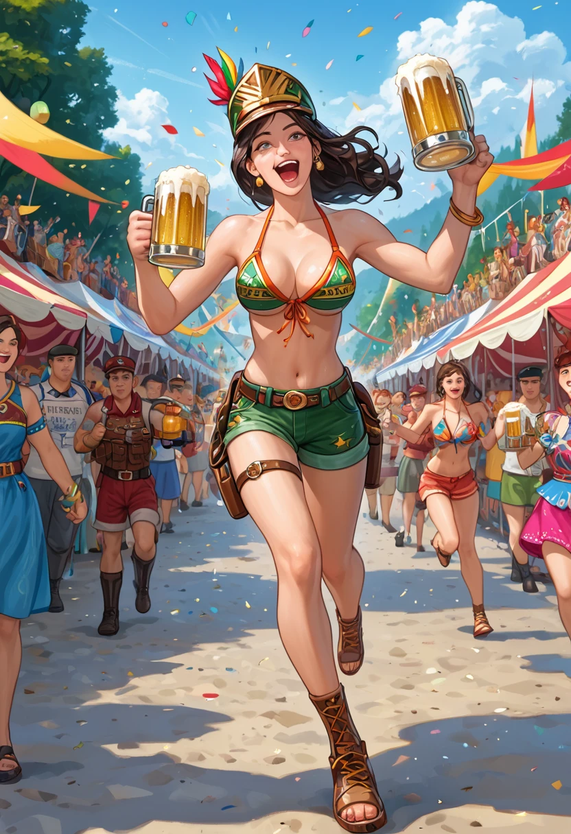 (masterpiece:1.5), (bestquality), (highlydetailed), 1boy , (full gear soldiers:1.5), (running), (beside him: girl in bikini top and shorts:1.2), (both holding large beer mugs), (cheerful expressions), (Oktoberfest setting:1.4), (soldiers lining the street), (soldiers clapping and cheering), (festive atmosphere), (colorful festival decorations), (beer tents in the background), (traditional Bavarian elements), (celebration scene), (bright and warm lighting), (dynamic motion), (motion blur effect), (festival energy), (crowd enjoying the event),