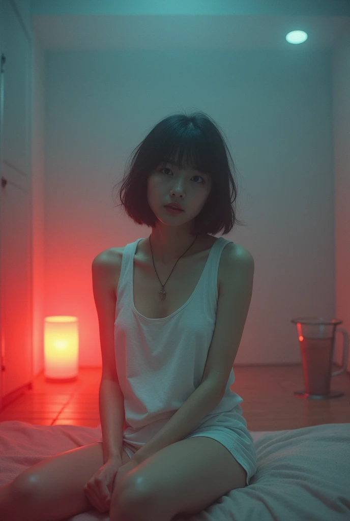 Japanese Girl、 analog film photo, (Create a realistic and photorealistic photo image)、whole body、White tank top、Dimly lit place、Red light、Sitting、blur, tint, depth,