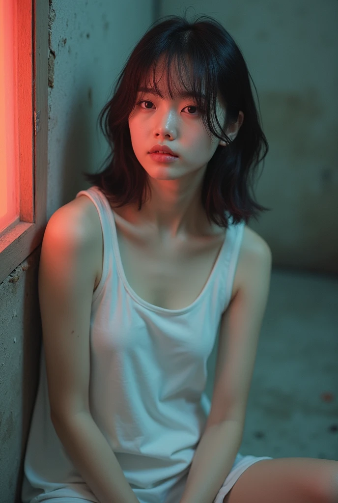 Japanese Girl、 analog film photo, (Create a realistic and photorealistic photo image)、whole body、White tank top、Dimly lit place、Red light、Sitting、blur, tint, depth,