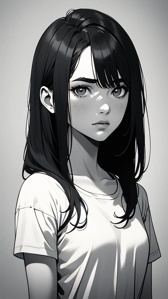 1 boyish girl, solo, sharp eyes, monochrome, greyscale, short black hair, portrait, white T-shirt, Thin eyebrows, closed mouth, looking at viewer, graphite \(medium\), detailed lips, hatching \(texture\), without makeup, bangs, upper body, (best illustration), (best quality), (very detailed), (masterpiece), expressionless,