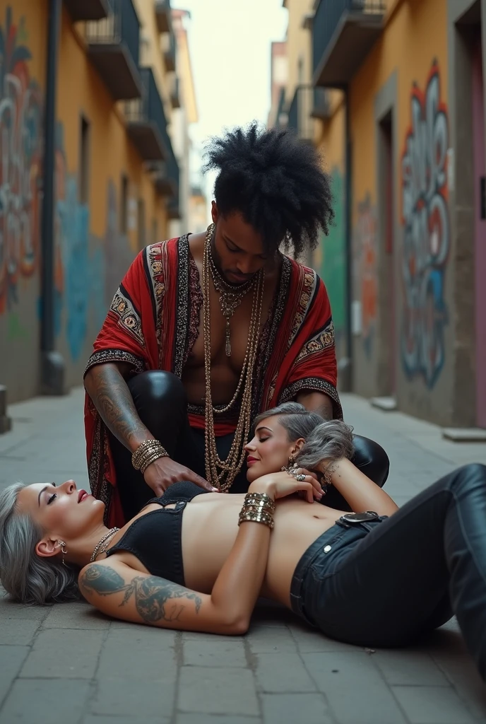 Three russian old milf women: the strong, muscular , dominant dark skinned gipsy woman (black afro, long african traditional colourful tunic, barefoot), squatting with possessive stance (arms around her two girlfriends' necks). At her feet, lying on the ground,her two caucasian girlfriends groping and kissing each other, pale faces, pale arms, pale chests, pale hands, pale feet, weak, light grey hair, submissive and needy, one unconscious on the ground, the other feeling defeated and needy, in laid back postures with hands touching their thongs or their necks or chest, looking at each other with open mouths,, different clothes but all wearing clothes in rock chic style. grey hair (bouffant, top bun, shaved sides). Big lips. Black lace push up bras, silicone breasts,, low rise skinny leather jeans. Both Barefoot.. Lots of thick wide studded bracelets, chain necklaces and big rings,. Long earrings with chains and feathers. Chains around their hips. Lounging lazily on the ground with bended knees, separated legs and arched backs. Lazy, leaning back, laid back pose, separated legs. Neck tattoed, chest tattoed, stomach tattoed, feet, hands, arms and wrists heavily tattoed. Toned abdominals, thin neck, slim legs and thin arms. Narrow hips. Both, open legs. Full body. At a Madrid narrow street with graffitied walls.