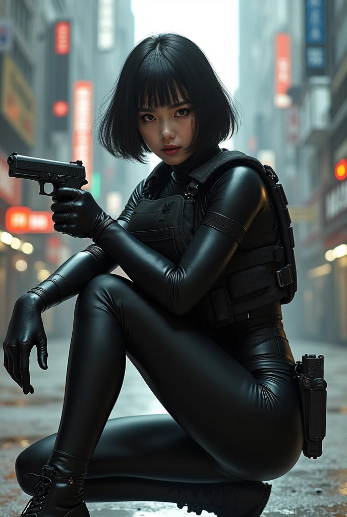 (masterpiece,Distinguished Quality,Mirror-like,Cinematic Experience,insanely detailed,absurdres),8k,wallpaper,,(Best illustrations:2.0),(One Woman:2.0),(Kitana:2.0),(Ghost in the Shell-style worldview:2.0),(Black tactical bodysuit:2.0),(Heavy black bulletproof vest:2.0),(Black gloves:2.0),(Short Bob:2.0),(Beautiful Eyes),(Detailed face),((updo hairstyle)),(Detailed female hand drawing:2.0),(sexy:2.0),(He kneels down and aims a pistol at me.:2.0),(Raise your right knee:2.0),(The background is Tokyo, where science and technology have developed.:2.0),(The background is drawn in monochrome:2.0),(sf:2.0)