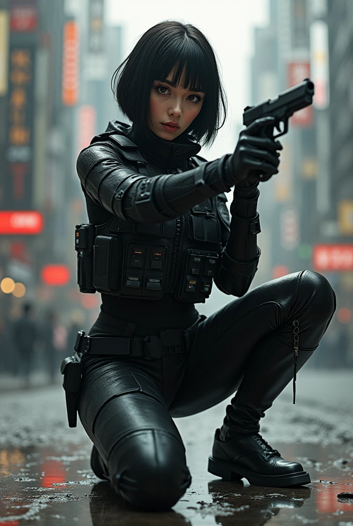(masterpiece,Distinguished Quality,Mirror-like,Cinematic Experience,insanely detailed,absurdres),8k,wallpaper,,(Best illustrations:2.0),(One Woman:2.0),(Kitana:2.0),(Ghost in the Shell-style worldview:2.0),(Black tactical bodysuit:2.0),(Heavy black bulletproof vest:2.0),(Black gloves:2.0),(Short Bob:2.0),(Beautiful Eyes),(Detailed face),((updo hairstyle)),(Detailed female hand drawing:2.0),(sexy:2.0),(He kneels down and aims a pistol at me.:2.0),(Raise your right knee:2.0),(The background is Tokyo, where science and technology have developed.:2.0),(The background is drawn in monochrome:2.0),(sf:2.0)
