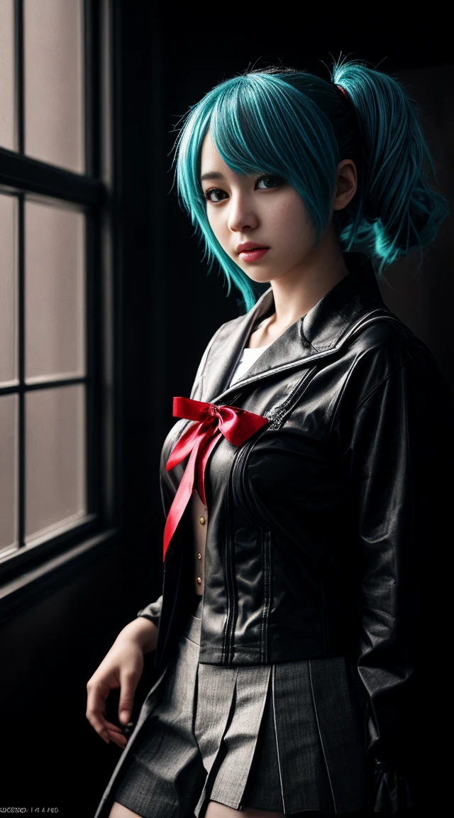 Genius cosplayer girl of Hatsune Miku, intricate detail Highly Detailed Eyes, Faded, Japanese high school sailor suit, 16K resolution, RAW, Nikon Z9, Creative, Masterpiece, Fantasy, High Definition, High Quality, 8k, Realistic, Dramatic Lighting, Soft Focus, Digital Illustration, Intricate Mechanics, Advanced Techniques, Dark Background Cinematic, High Contrast, High Contrast Atmosphere, (Best Quality, 4k, 8k, High Definition, Masterpiece: 1. 2), Ultra-Detailed, (Realistic, Graphic, Photorealistic: 1. 4) -- No Glass --AR 16:9 --Stylize 1000
