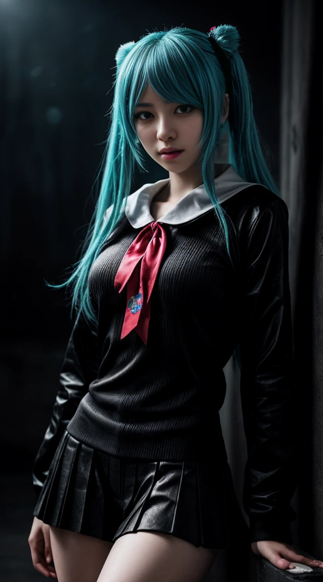 Genius cosplayer girl of Hatsune Miku, intricate detail Highly Detailed Eyes, Faded, Japanese high school sailor suit, 16K resolution, RAW, Nikon Z9, Creative, Masterpiece, Fantasy, High Definition, High Quality, 8k, Realistic, Dramatic Lighting, Soft Focus, Digital Illustration, Intricate Mechanics, Advanced Techniques, Dark Background Cinematic, High Contrast, High Contrast Atmosphere, (Best Quality, 4k, 8k, High Definition, Masterpiece: 1. 2), Ultra-Detailed, (Realistic, Graphic, Photorealistic: 1. 4) -- No Glass --AR 16:9 --Stylize 1000