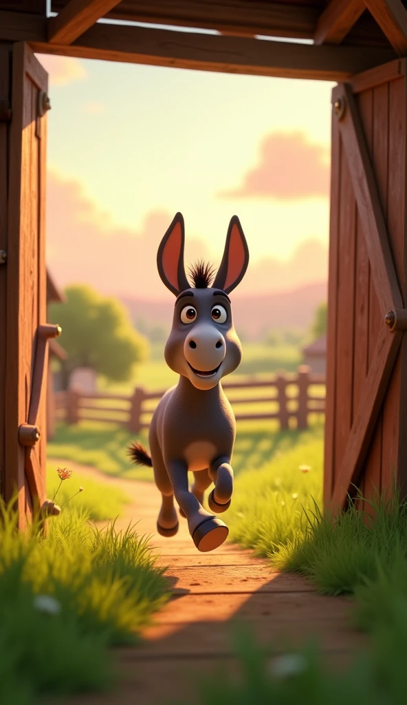 Draw a donkey rushing out of the stable towards the field on a farm. The farm should be picturesque and detailed, with green fields and a sunrise sky with soft orange and pink tones, in a 3D animated style.