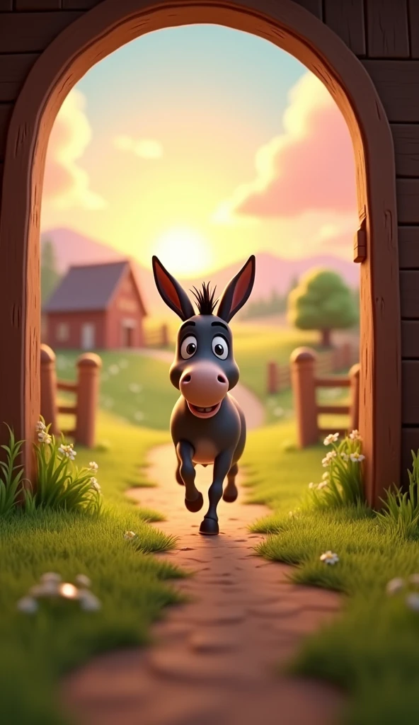 Draw a donkey rushing out of the stable towards the field on a farm. The farm should be picturesque and detailed, with green fields and a sunrise sky with soft orange and pink tones, in a 3D animated style.