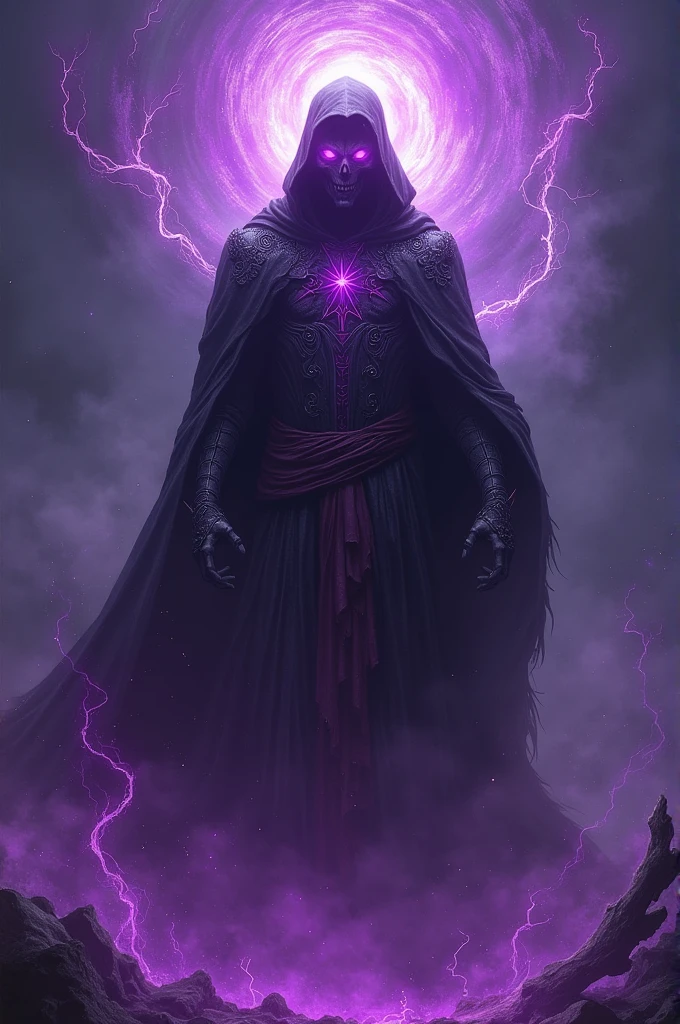 RPG villain with dark powers, some purple rays coming out of it, as if he had reached the peak of power