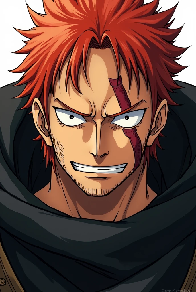 Shanks from the anime One Piece, high quality, red hair, scars on the eyes, black cloak