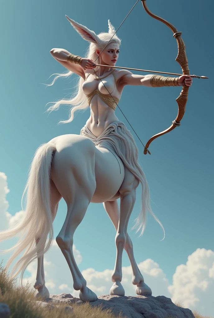 ((masterpiece, Highest quality, Best image quality, High resolution, Realistic, RAW Photos, 8k)), ((Highly detailed CG synthesis 8k wallpaper)), (Huge and stunning goddess shot, Very hot and sexy, Incredible beauty, Perfect Proportions, Beautiful body, Slim body beauty:1.4), Centaurs woman, Jumping and preparing the bow,