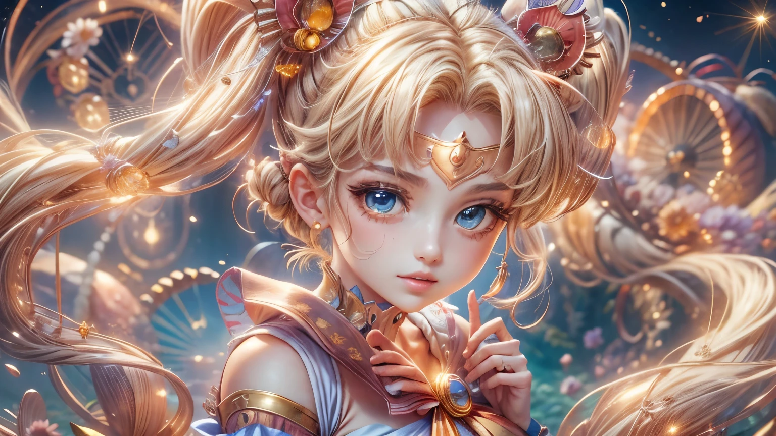 Draw Sailor Moon in her signature sailor suit, including the golden tiara, the red bow on the chest and the blue skirt. Make sure to include her long blonde hair in two pigtails with crescent moon decorations. The pose must be dynamic, as if in the middle of a magical transformation, with light effects and flashes around. In the background you can see the full moon and the Milky Way 