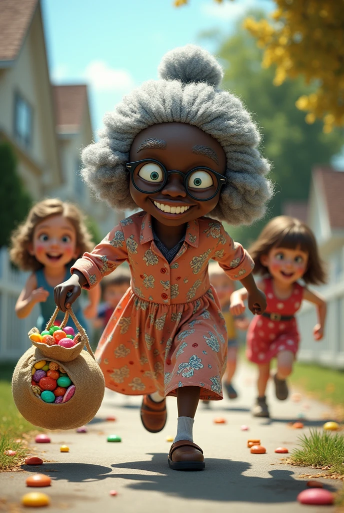 Black-skinned man dressed as a granny with a bag of candy chasing children