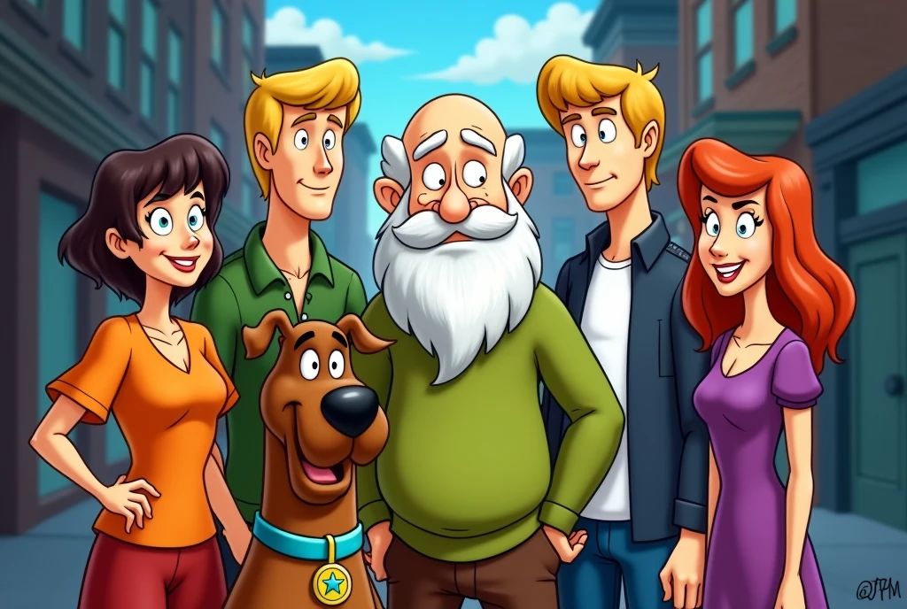 Fritz Perls, psychiatrist, a little chubby, bald with white hair only on the sides, white bearded, thick eyebrows, has some wrinkles. drawing version (in drawing style/animation "scooby doo"). He&#39;s with the Scooby Doo gang (1.scooby, The dog; 2.velma, a woman who has short, dark hair, use your eyes, orange blouse and red skirt; 3.Shaggy, skinny man, with red hair, wears a green shirt with brown pants and is a little hunchbacked; 4.fred, Tall man, with blond hair and slightly thin and muscular, wears a blue and white shirt and blue denim pants; and 5.daphne, beautfull woman, slender, redheadwear, who wears purple dresses with a green scarf; 6. Fritz Perls). fritz perls is in the middle and everyone is smiling