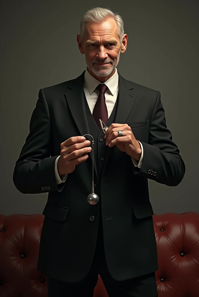 Fais un homme d'une cinquantaine d'années grand et mince. Il a l'air arrogant et prend une pose suggestive. Il a des accessoires BDSM dans les mains et un léger sourire.