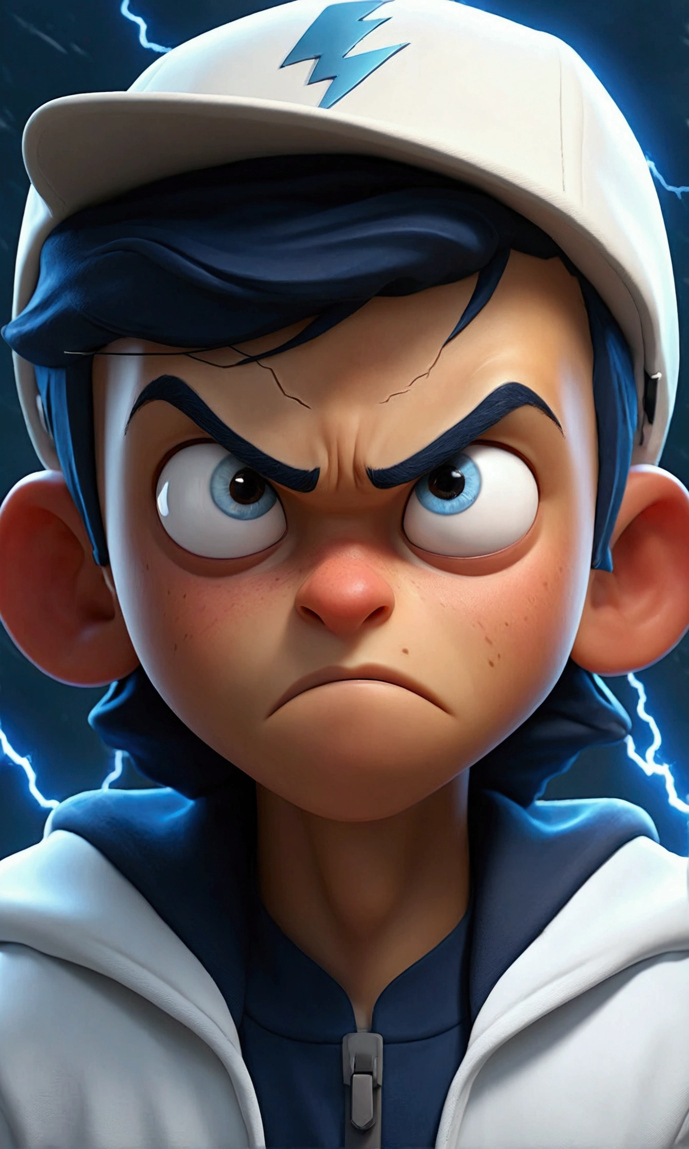 Indonesian male. very young adolescent age. 19 Indonesia (Blue eyes) Eyes shine. Angry face, wearing a zipped shirt (white navy blue), hat (white navy blue) navy blue with a small logo (lightning bolt) saying 'SiMus'. Angry face. Dramatic dark blue hoodie, detailed face, cinematic lighting, dramatic atmosphere,. Winter day. bright colours, 8k, high quality, photorealistic. Hero suit. Wind coming from his hands. White wind elements glowing from hands, tornadoes everywhere. Light blue glowing hands. dark blue, wind logo design. Very strong. Future design dress. Very epic. Very cool background.. dark sky. Very strong. Thunderstorm. Very strong wind. Flying leaving dry everywhere.. wind ball sharp shape power from hand