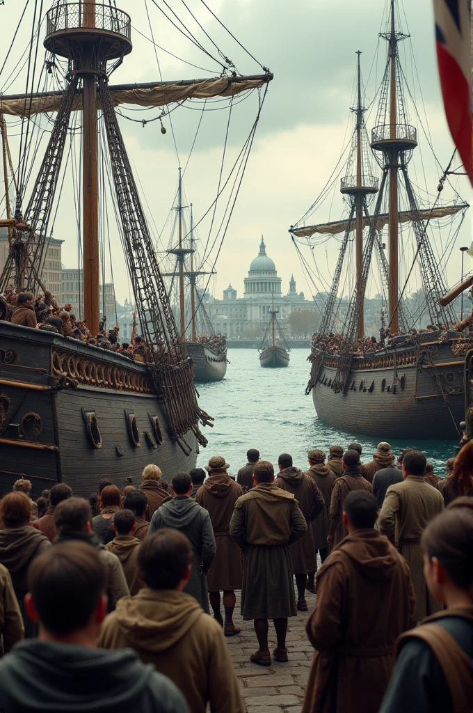 Image of colonizers leaving the port of London towards the new world
