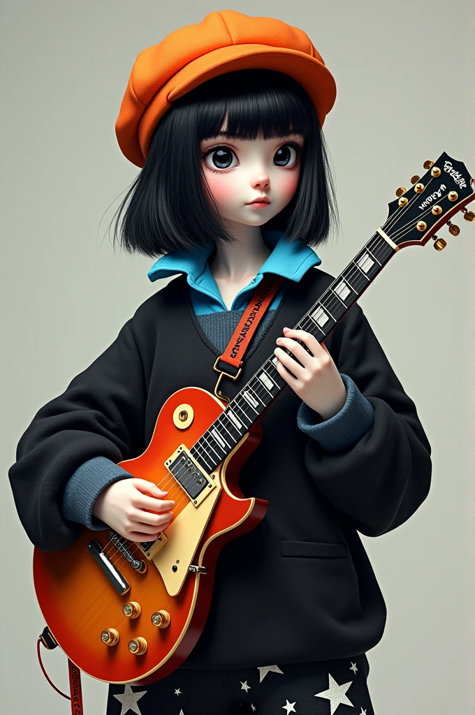 Character with an orange hat with black hair that has black eyes and a blue shirt with a guitar and a black sweatshirt with black pants with white stars and pale skin