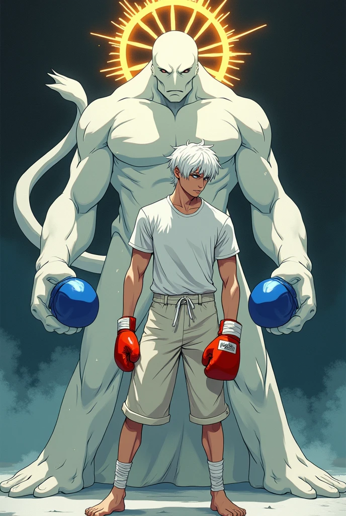 Make a picture of a big white being, No eyes, with a kind of tail on his head and a circle similar to a golden wheel above his head and in his hands blue boxing gloves, next to a young white-haired man, white t-shirt and loose low-rise pants with a red boxing glove with some bandages around the glove. Made with thick gothic anime lines