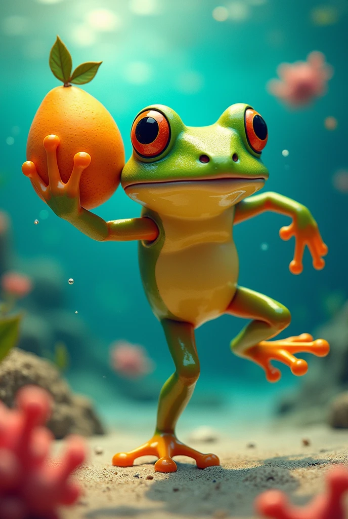 A frog holding a mango,Dancing in the colorful sea