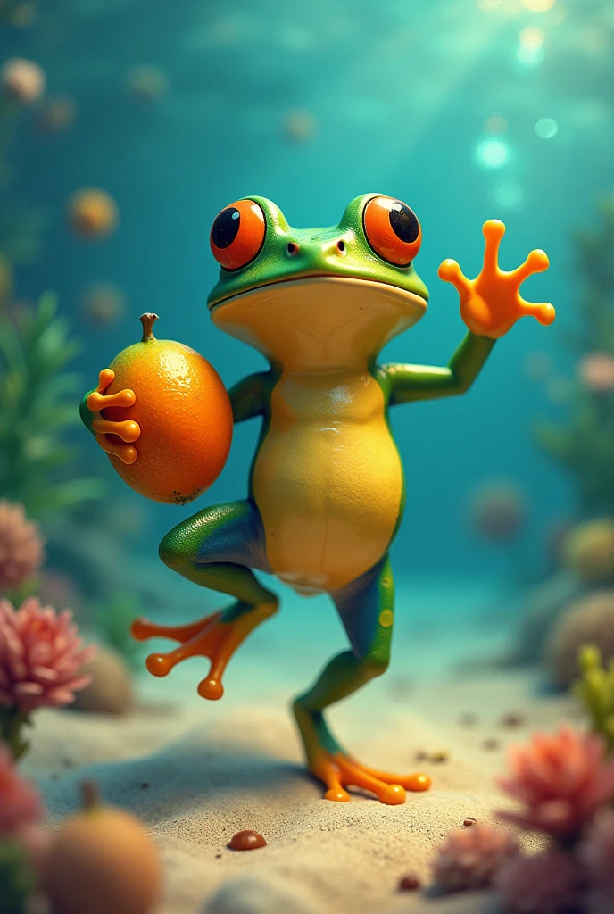 A frog holding a mango，Dancing in the colorful sea