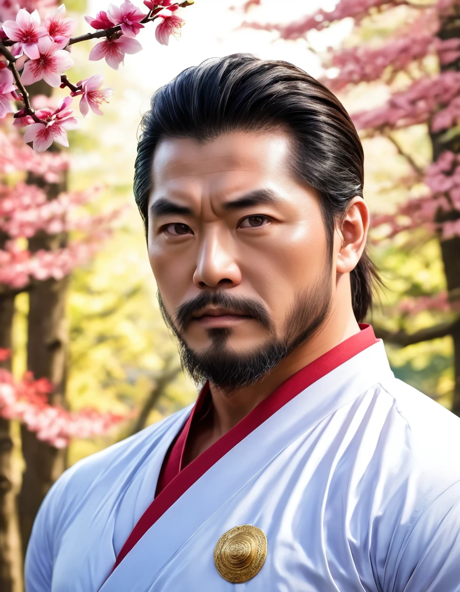 (High quality, masterpiece, Japanese anime, two-dimensional, beautiful eyes, extremely detailed background, 8k wallpaper, extremely detailed face) Uncle, slightly chubby body, strong muscles, beard, hopeful eyes, bright eyes, blue eyes, mature and steady, sophisticated, white short sleeves, Onmyoji portrait, Miyamoto Musashi, detailed anime character art, background for pavilion