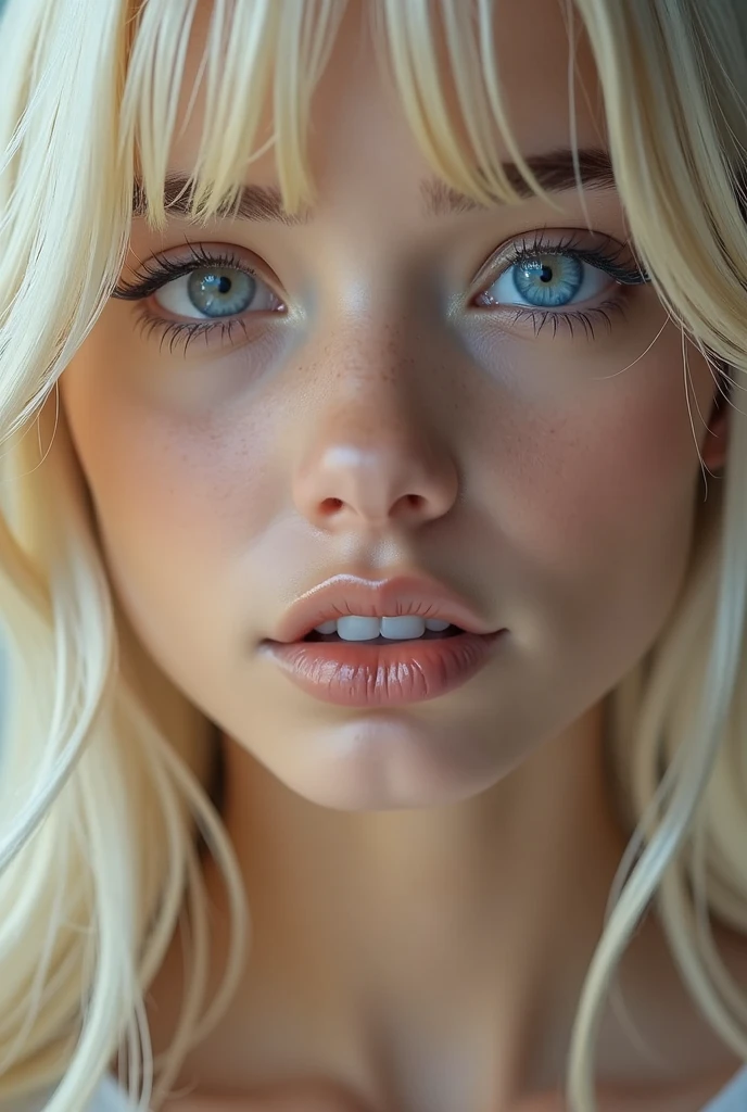 Vr porn, (a closeup:1.4)、(RAW shooting:1.2)、(Photorealsitic:1.4)、(masterpiece:1.3)、(top-quality:1.4)、bright expression、extremely beautyful girl、Extraordinary beautiful girl、Detailed cute and beautiful face、Beautiful bangs、Glowing white shiny skin、facial hairs、Bangs that extend to the face、Bangs between the eyes、Super long hair、Attractive light and dark platinum blonde super long straight silky hainer hair、Attractive glowing beautiful bright clear light blue big eyes、Luxurious dresses、Double eyelids、Lush bust、The upper part of the body、