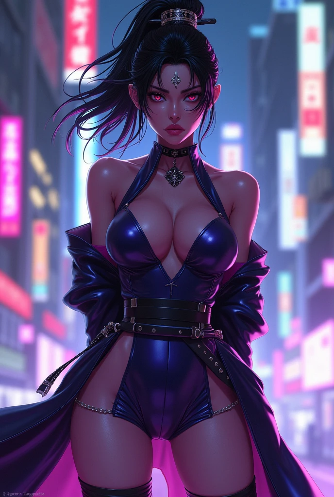 1girl, mature female, looking at viewer, cityscape, night, WZRYhuowuMY,hair ornament, sash, bow,jewelry, kimono, short skirt,forehead mark, hait stick,high ponytail, arms behind back, bare shoulders,Allalyn in shiny purple cat suit sitting on the floor, latex shiny, wearing atsuko kudo latex outfit, wearing tight suit, smooth purple skin, Purple body, shiny metallic glossy skin, shiny plastic, futuristic glossy latex suit, shiny plastic armor, shiny glossy skin, tight full body suit, Wearing latex, shiny and metallic, Glowing purple, Glossy open one's legs M-shaped legs angry expressions sullenness