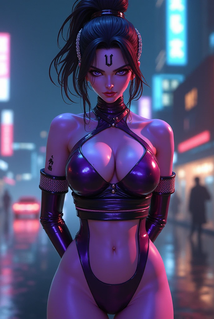 1girl, mature female, looking at viewer, cityscape, night, WZRYhuowuMY,hair ornament, sash, bow,jewelry, kimono, short skirt,forehead mark, hait stick,high ponytail, arms behind back, bare shoulders,Allalyn in shiny purple cat suit sitting on the floor, latex shiny, wearing atsuko kudo latex outfit, wearing tight suit, smooth purple skin, Purple body, shiny metallic glossy skin, shiny plastic, futuristic glossy latex suit, shiny plastic armor, shiny glossy skin, tight full body suit, Wearing latex, shiny and metallic, Glowing purple, Glossy　open one's legs　M-shaped legs　angry expressions　sullenness