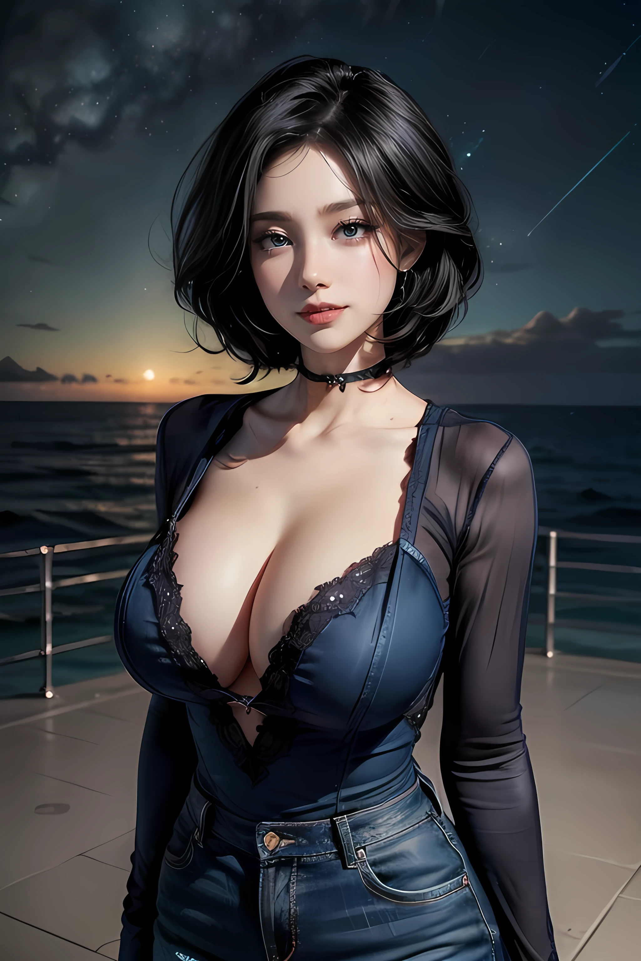 ((masterpiece,best quality, detailed)), cowboy shot, (1girl:1.2), solo,((35 year mature woman)), extremely realistic female eye,((blue eyes))((red lipstick)),((woman in makeup))short hair, black hair,((Very Intense Makeup))(seductive smile:1.3), huge breasts, standing, looking at viewer, (sea:1.3),(starry sky:1.3)
