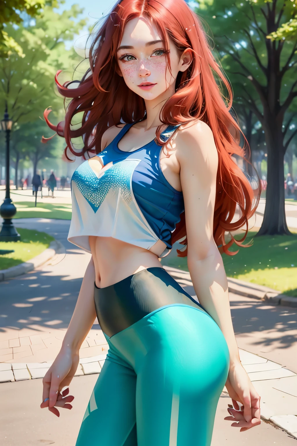 a one woman, long straight red hair, of the whole glass, perfectbody, muslos grandes, blue colored eyes, leggings, crop top overhang, freckles on the face, face detailed, skirt short, standing, in a park, ray tracing, high resolution, super detaill, 8k, Overview