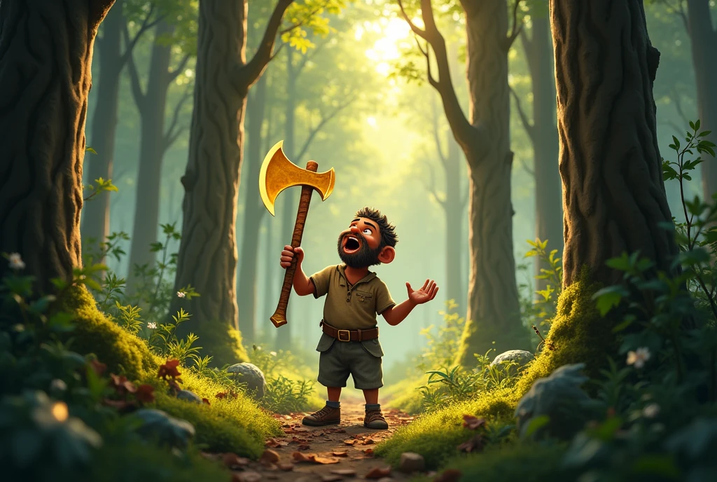 A poor woodcutter finding a golden ax in the forest, with a surprised expression