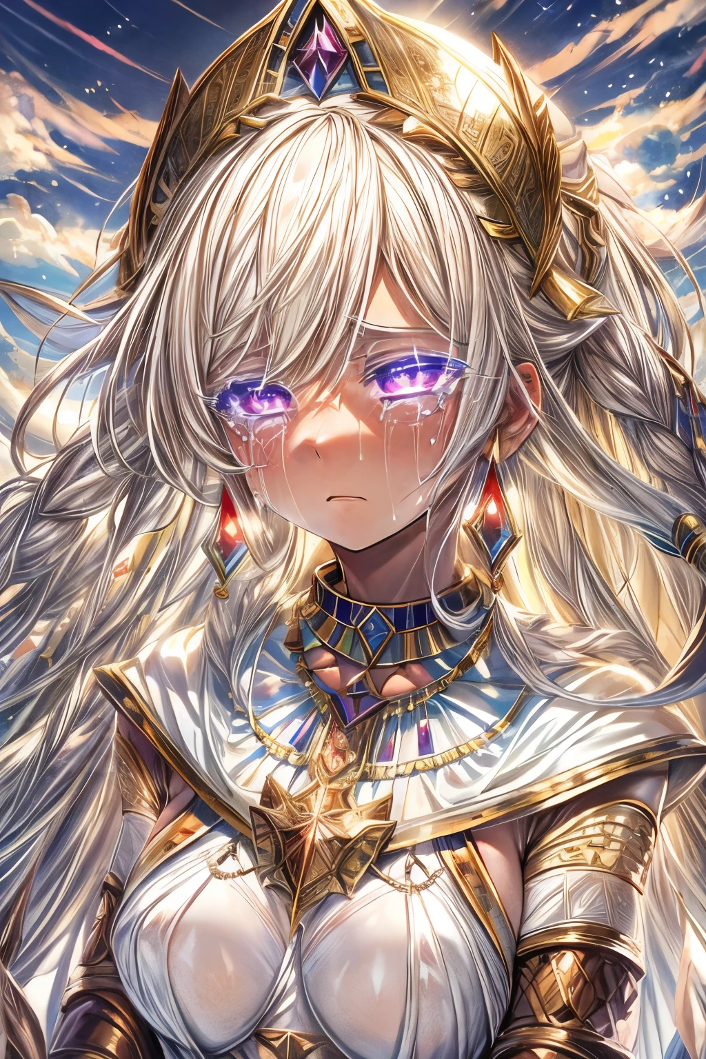 High resolution, masterpiece, Highest quality, Textured skin, Plump Skin, Glowing Skin, girl, Just One, Brown Skin, White Hair, White eyelashes, Small breasts, human, Royalty, Crescent-shaped earrings, Egyptian ornaments, Flying in the air, dress, armor, Rubber Suit, Low exposure, Anime-style illustrations, Sky, Are crying, Crying, sorrow, tears,